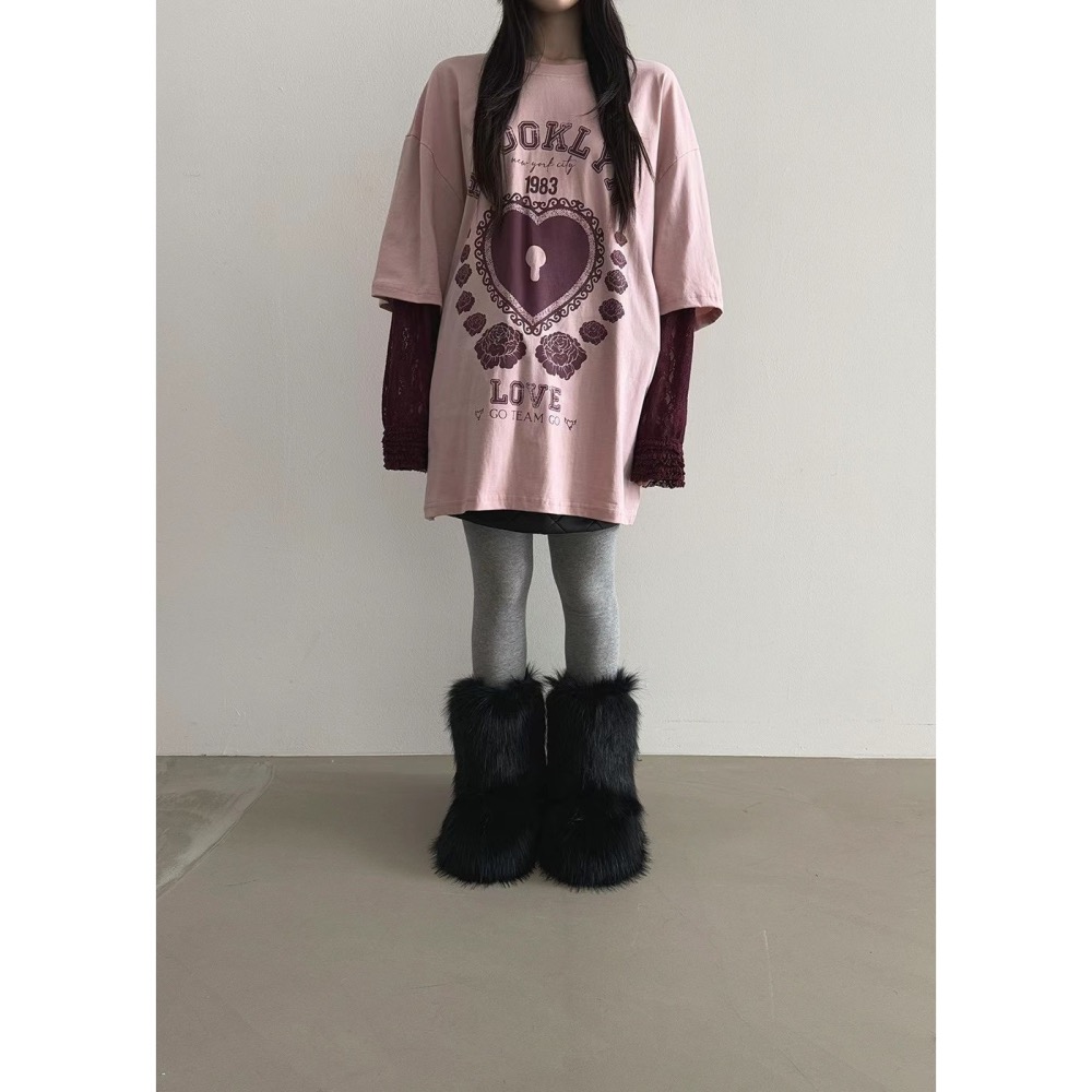 正韓 愛心鎖假兩件拼接蕾絲袖上衣 現貨粉/藍-細節圖5