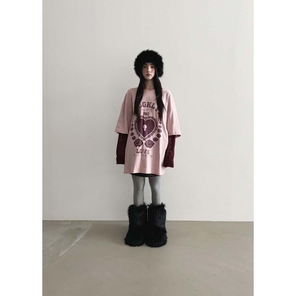 正韓 愛心鎖假兩件拼接蕾絲袖上衣 現貨粉/藍-細節圖6