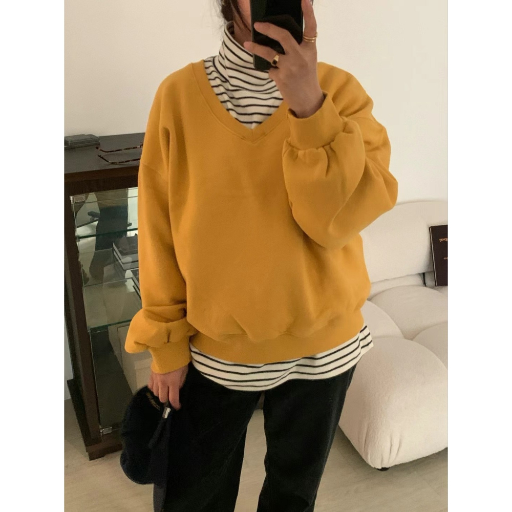 正韓 大V領內刷毛大學T 現貨黃/灰-細節圖2