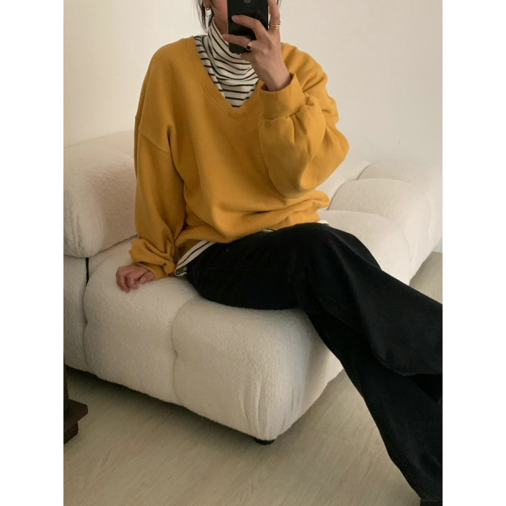 正韓 大V領內刷毛大學T 現貨黃/灰-細節圖4