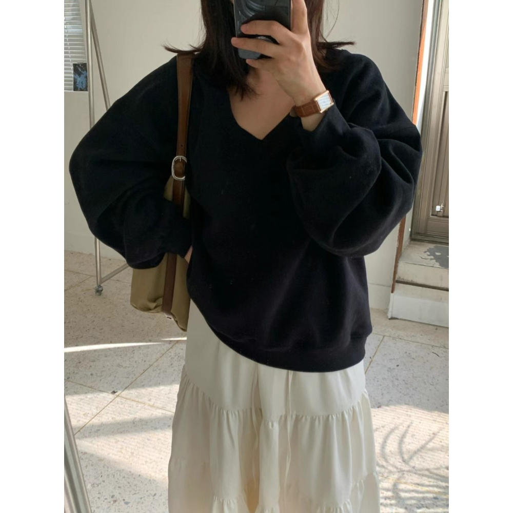 正韓 大V領內刷毛大學T 現貨黃/灰-細節圖5