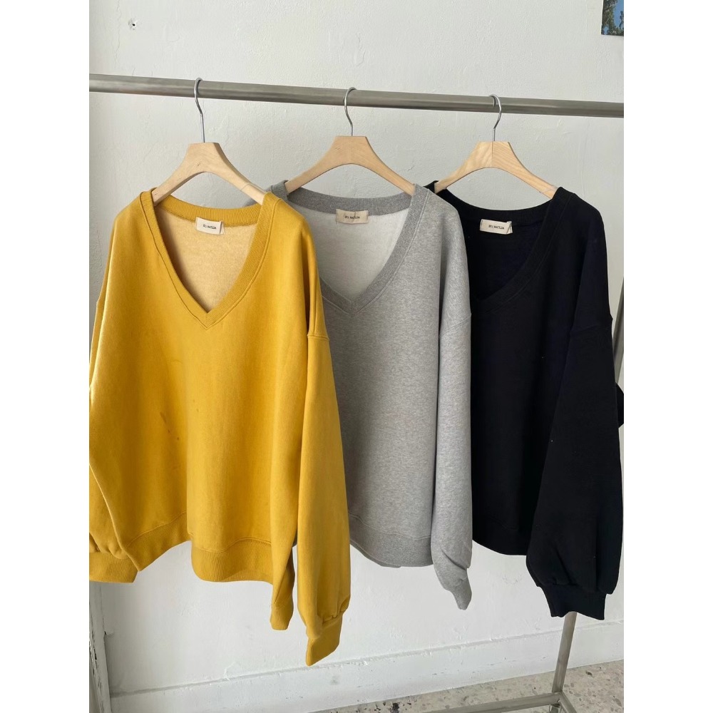 正韓 大V領內刷毛大學T 現貨黃/灰-規格圖8