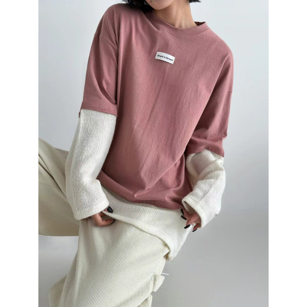 正韓 假兩件拼接上衣 現貨粉/咖-細節圖2