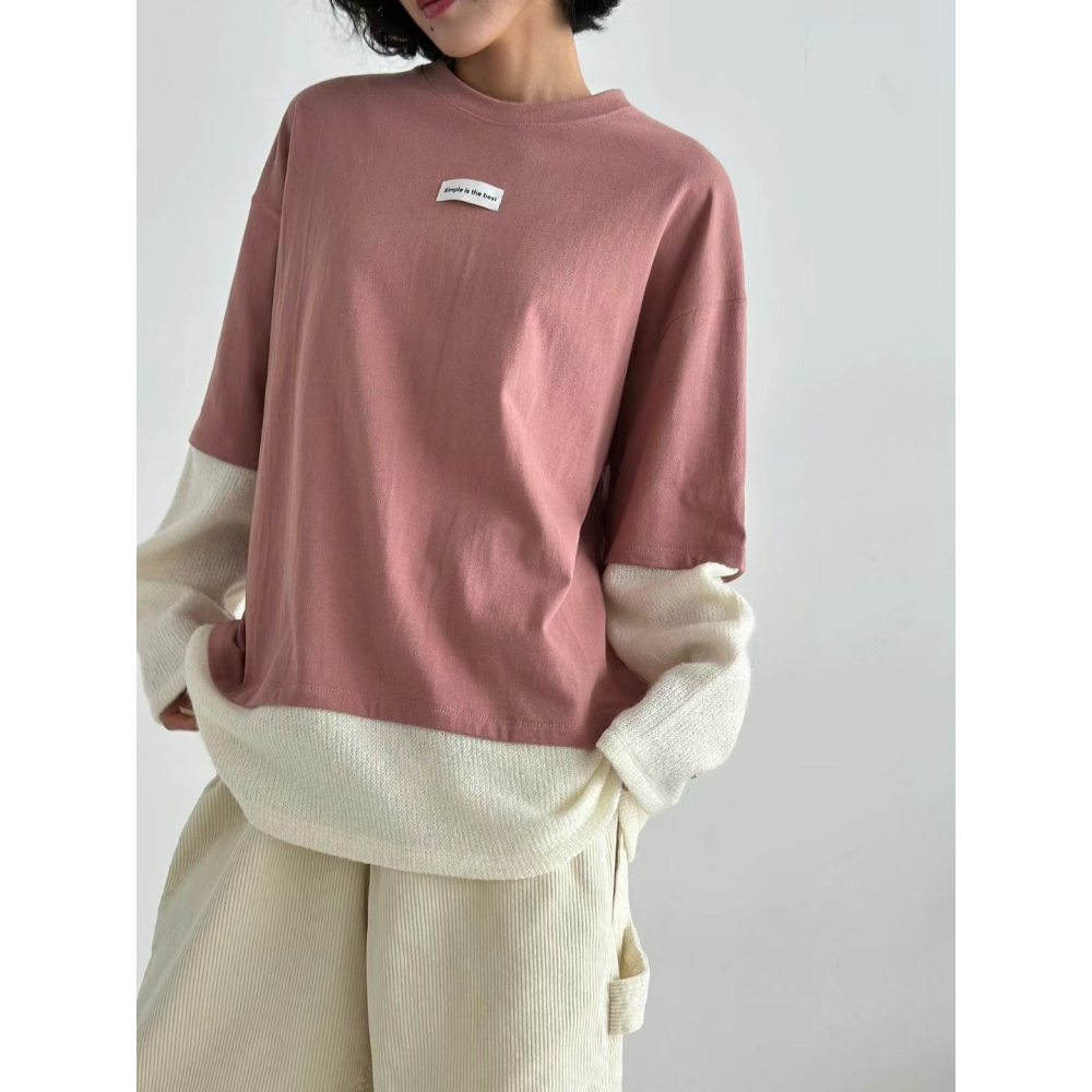 正韓 假兩件拼接上衣 現貨粉/咖-細節圖4