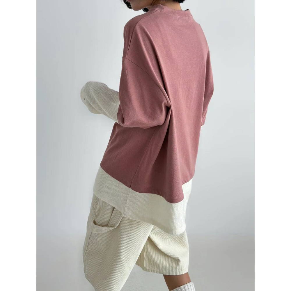 正韓 假兩件拼接上衣 現貨粉/咖-細節圖5