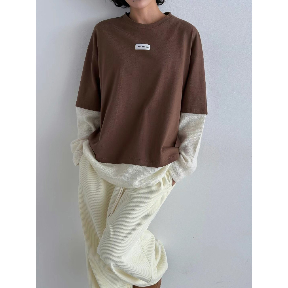 正韓 假兩件拼接上衣 現貨粉/咖-細節圖6