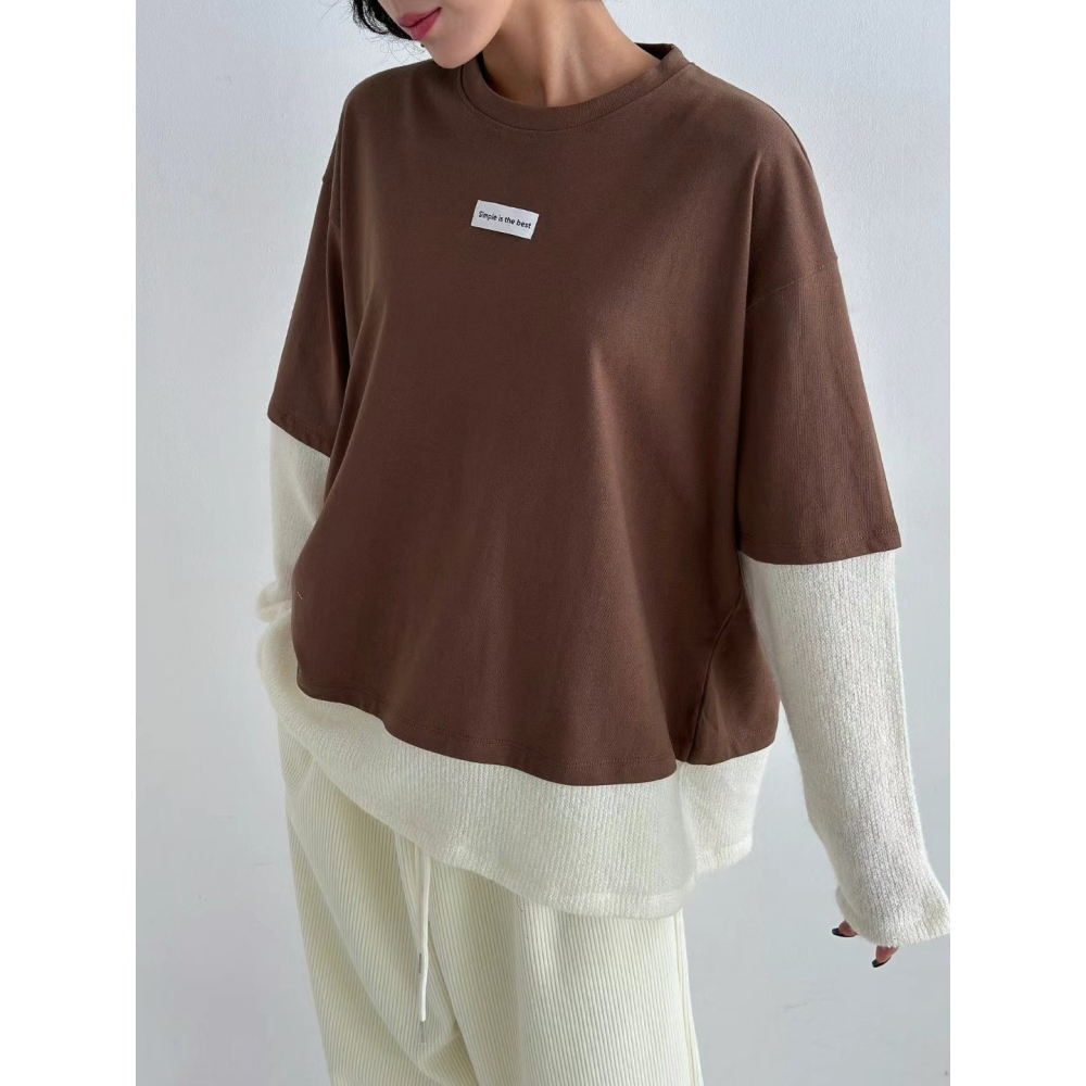 正韓 假兩件拼接上衣 現貨粉/咖-細節圖7