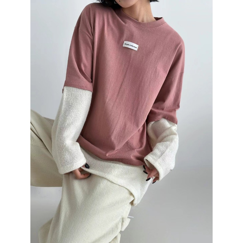 正韓 假兩件拼接上衣 現貨粉/咖-規格圖7