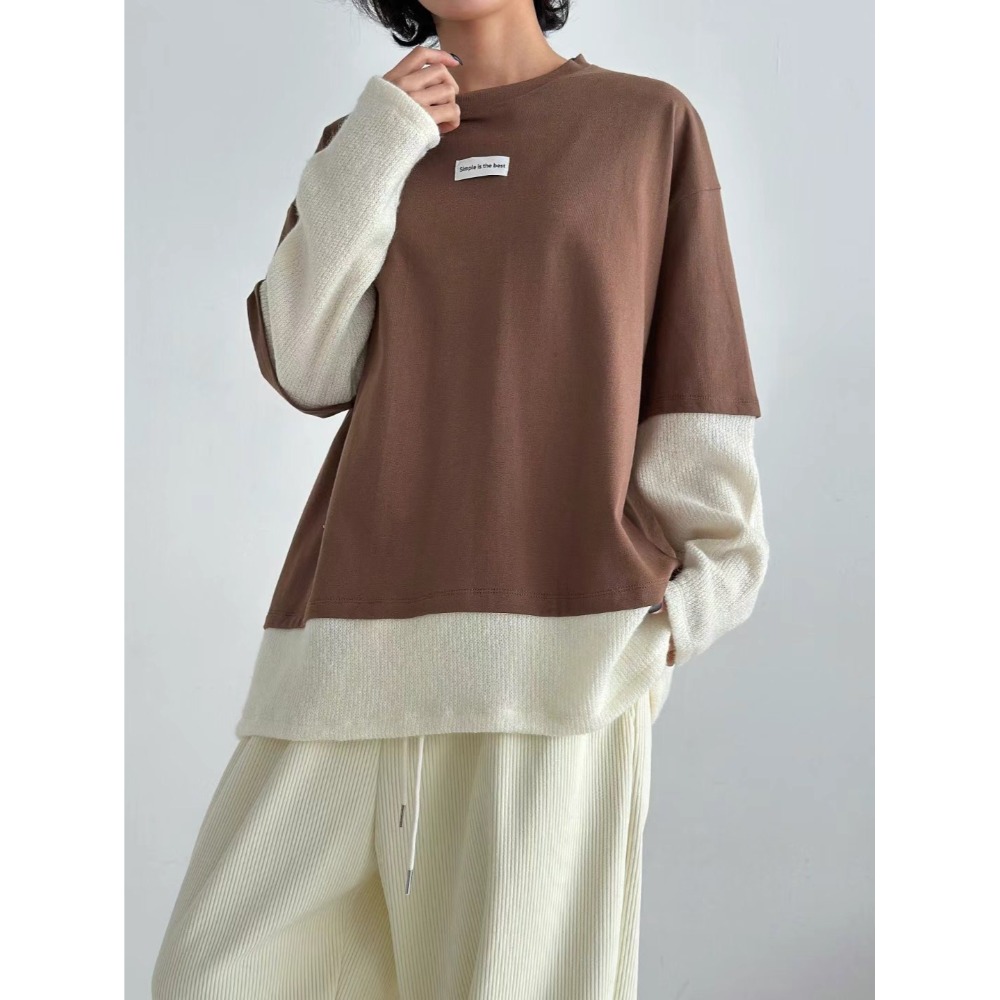 正韓 假兩件拼接上衣 現貨粉/咖-規格圖7