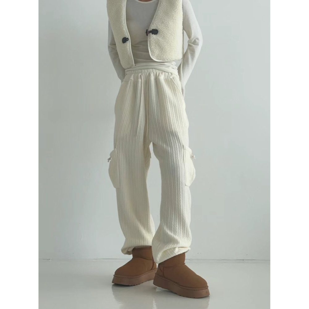 正韓 細坑條工作褲型縮口棉褲 現貨白/黑-細節圖5