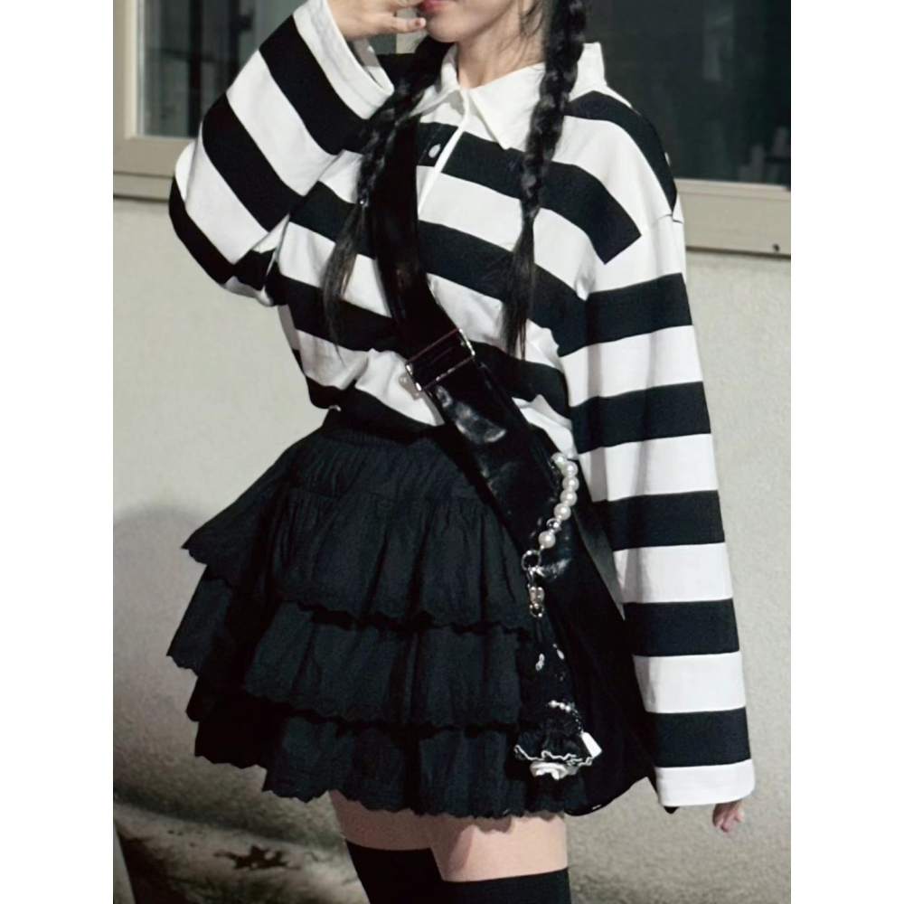 正韓 條紋POLO衫上衣 現貨黑白條紋-細節圖3