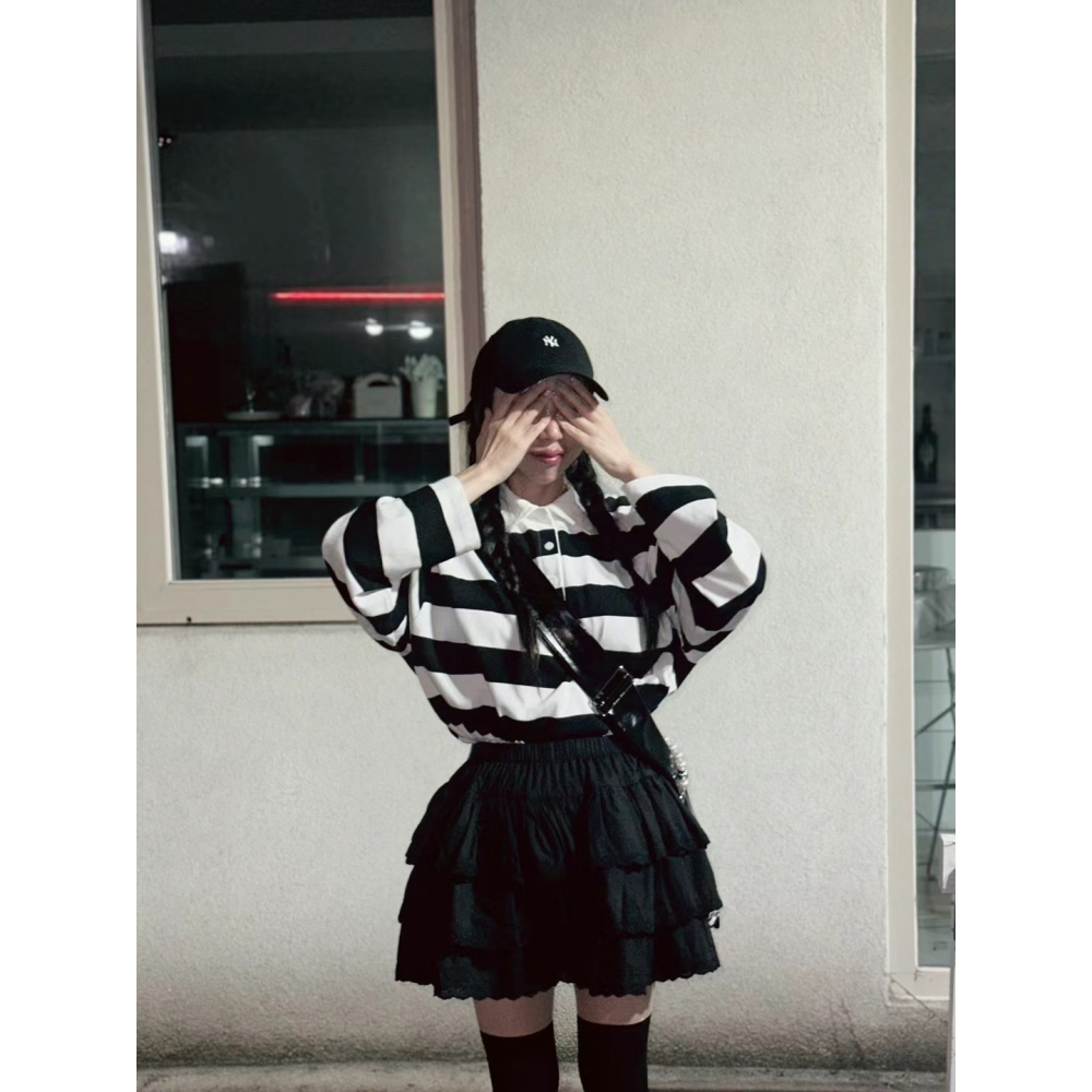 正韓 條紋POLO衫上衣 現貨黑白條紋-細節圖4