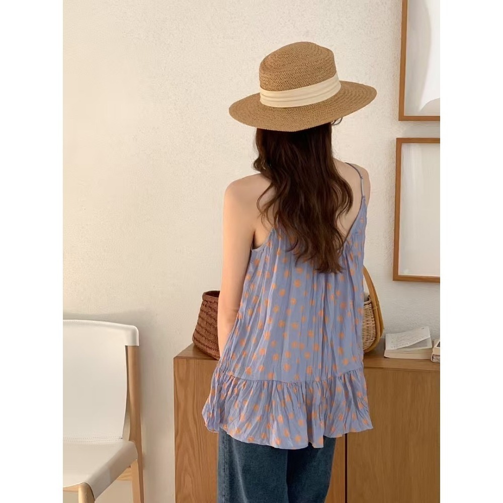 正韓 碎花皺褶輕薄細肩帶背心上衣三色 現貨黑/藍-細節圖9