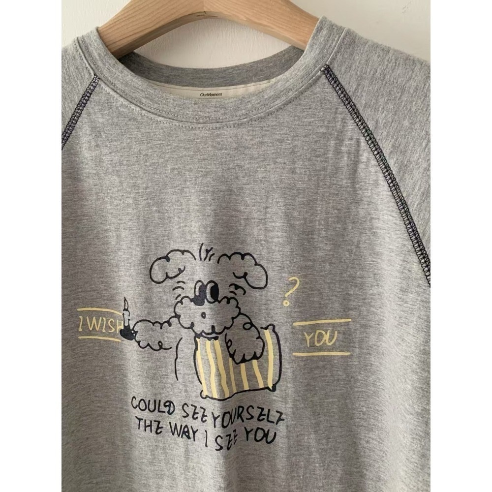 正韓 拷克邊撞色可愛狗狗T恤三色 現貨米白-細節圖7