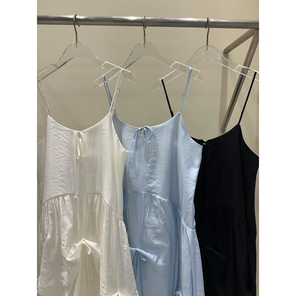 正韓 細肩帶蝴蝶結不規則裙襬設計背心洋裝三色 現貨白色-細節圖9