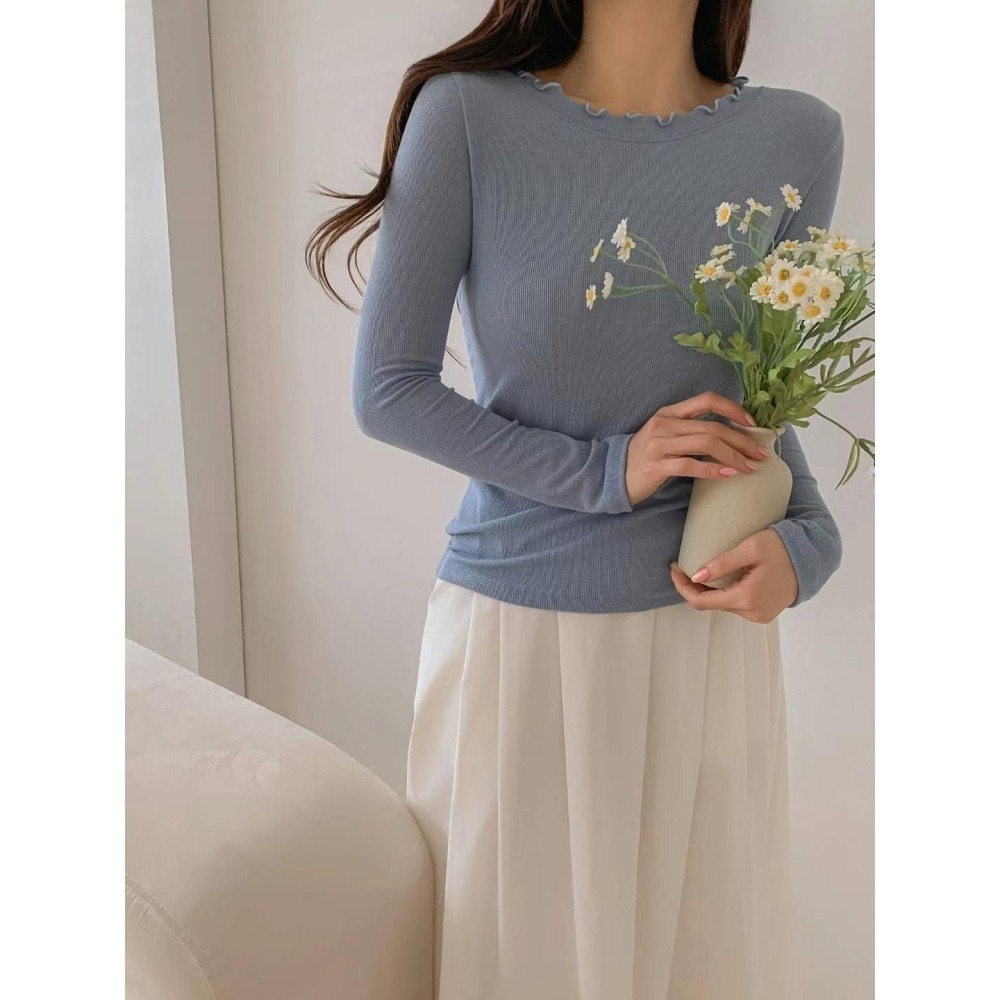 正韓 木耳邊細坑條彈性上衣三色 現貨白-細節圖4