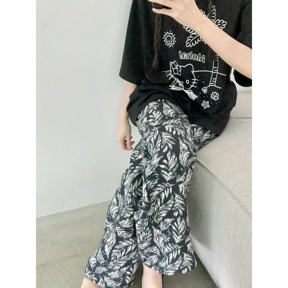 正韓 輕薄葉子休閒褲 黑色 現貨-細節圖2