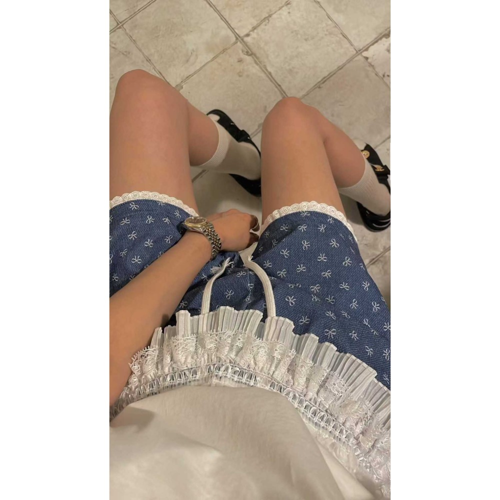 正韓 蕾絲蝴蝶結花色牛仔褲 黑 現貨-細節圖6