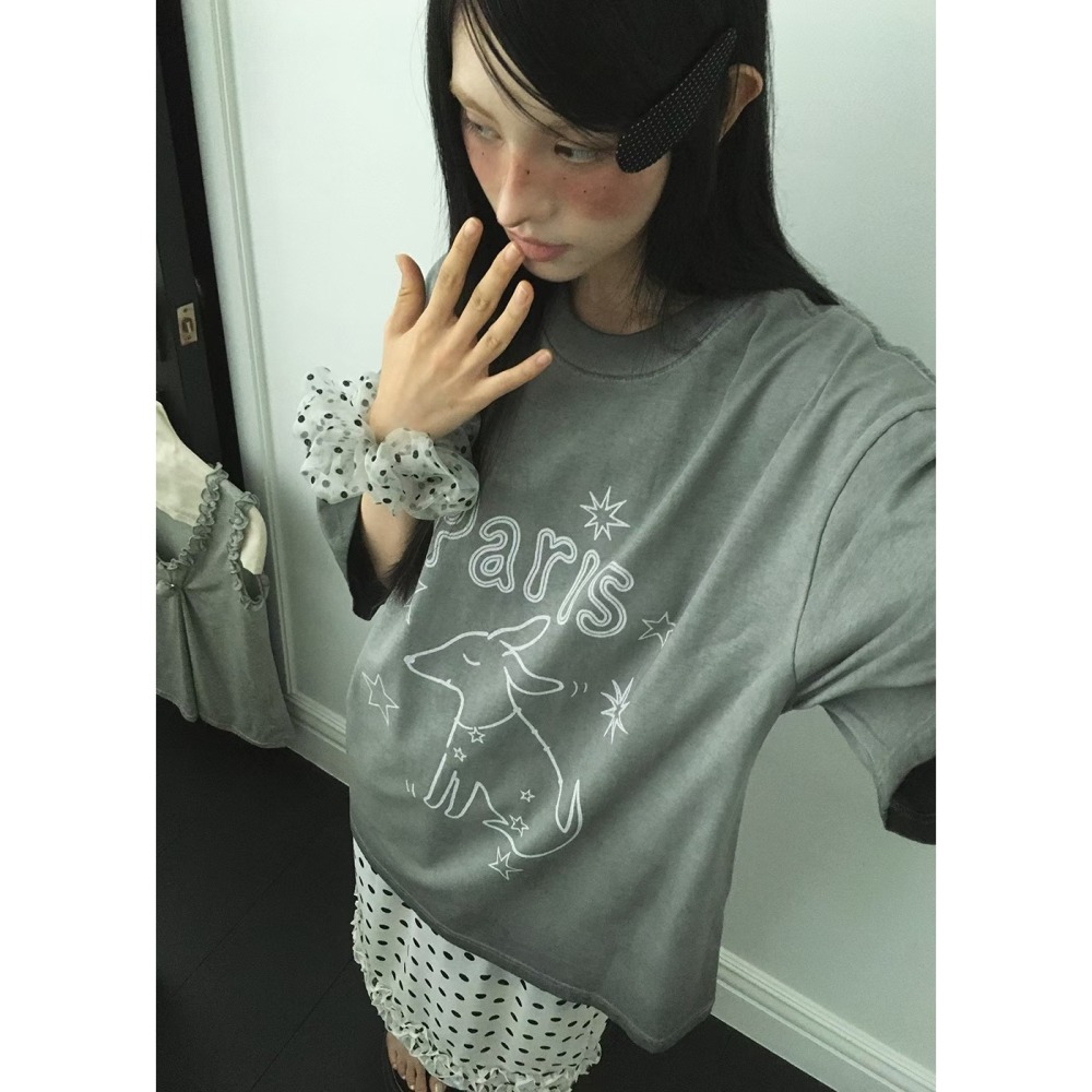 正韓 巴黎狗狗手繪感洗舊T恤 灰 現貨-細節圖2