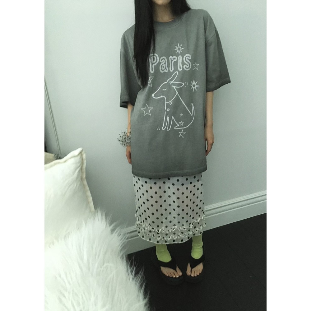 正韓 巴黎狗狗手繪感洗舊T恤 灰 現貨-細節圖5