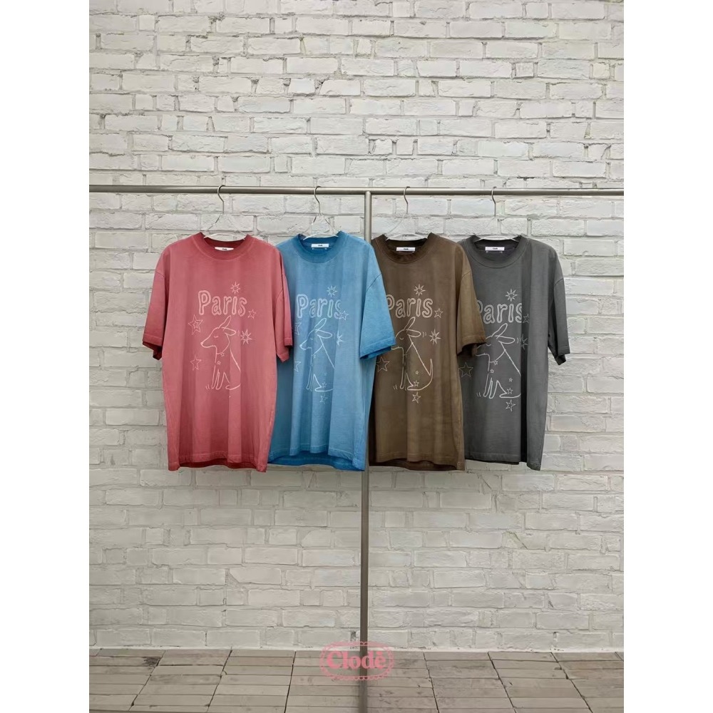 正韓 巴黎狗狗手繪感洗舊T恤 灰 現貨-細節圖6