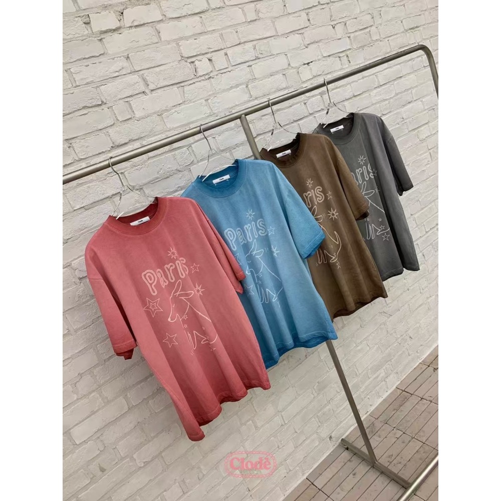 正韓 巴黎狗狗手繪感洗舊T恤 灰 現貨-細節圖7
