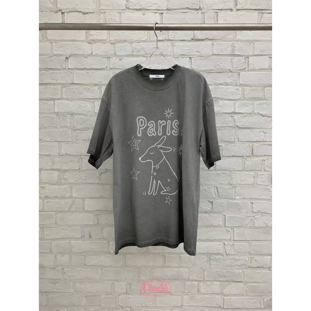 正韓 巴黎狗狗手繪感洗舊T恤 灰 現貨-細節圖8