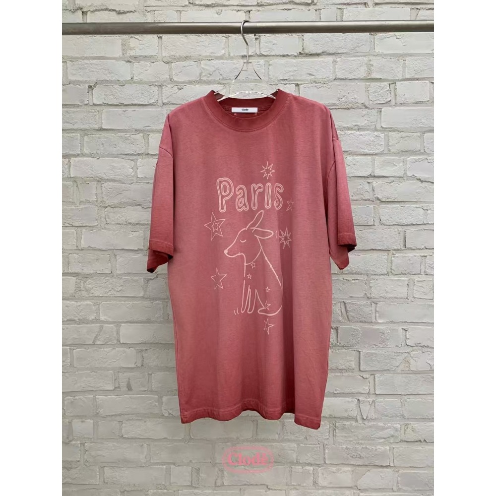 正韓 巴黎狗狗手繪感洗舊T恤 灰 現貨-細節圖9