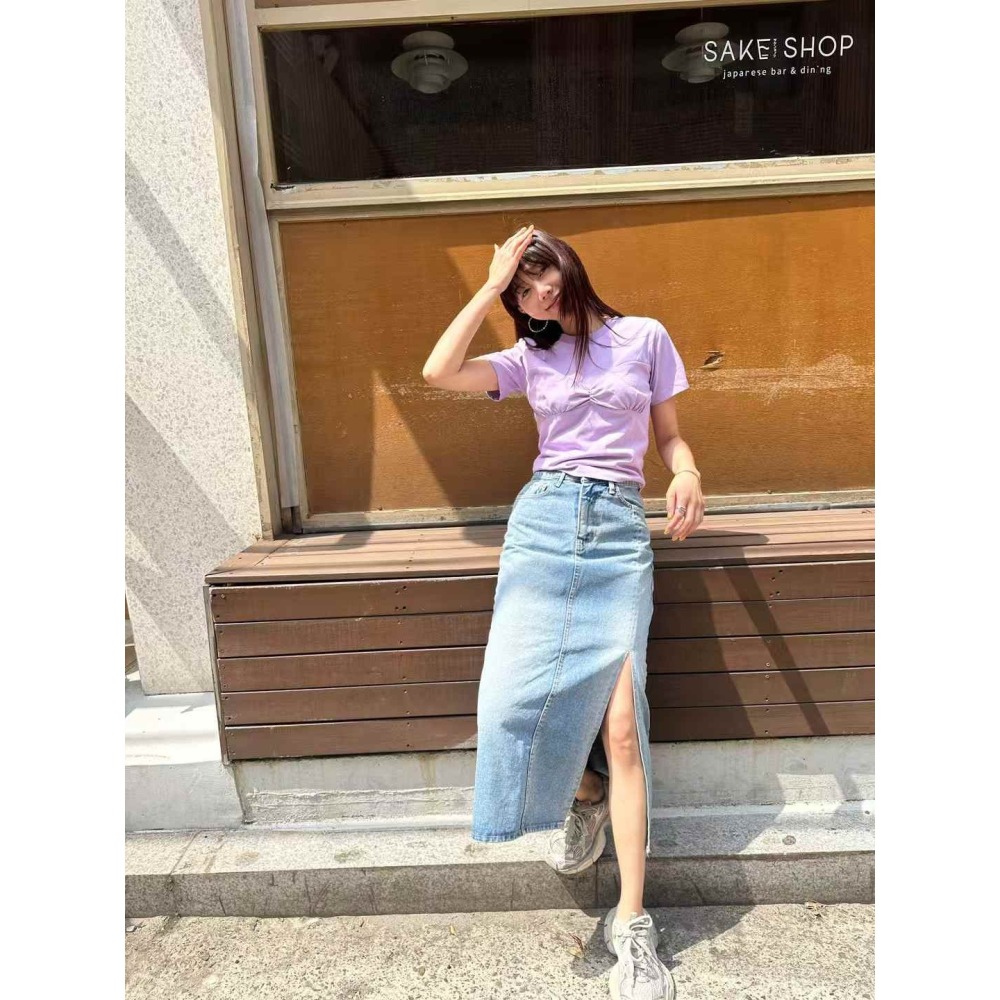 正韓 胸口造型合身短袖T恤 紫 現貨-細節圖5