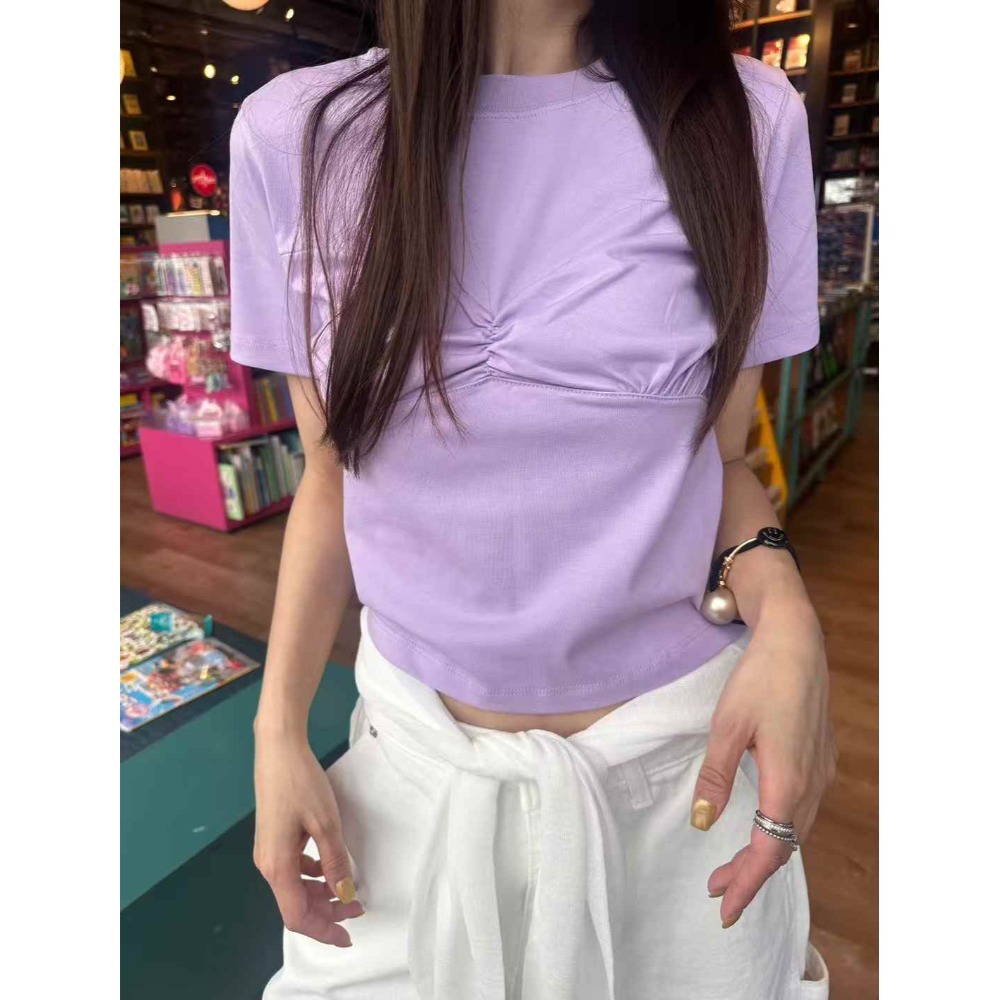 正韓 胸口造型合身短袖T恤 紫 現貨-規格圖10