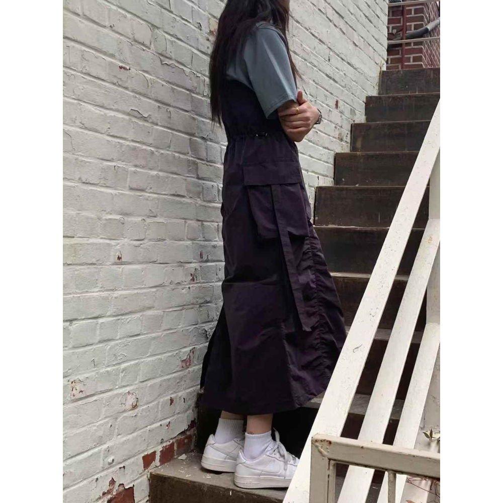 正韓 抽繩可調整造型細肩帶洋裝 淺灰/炭灰 現貨-細節圖3