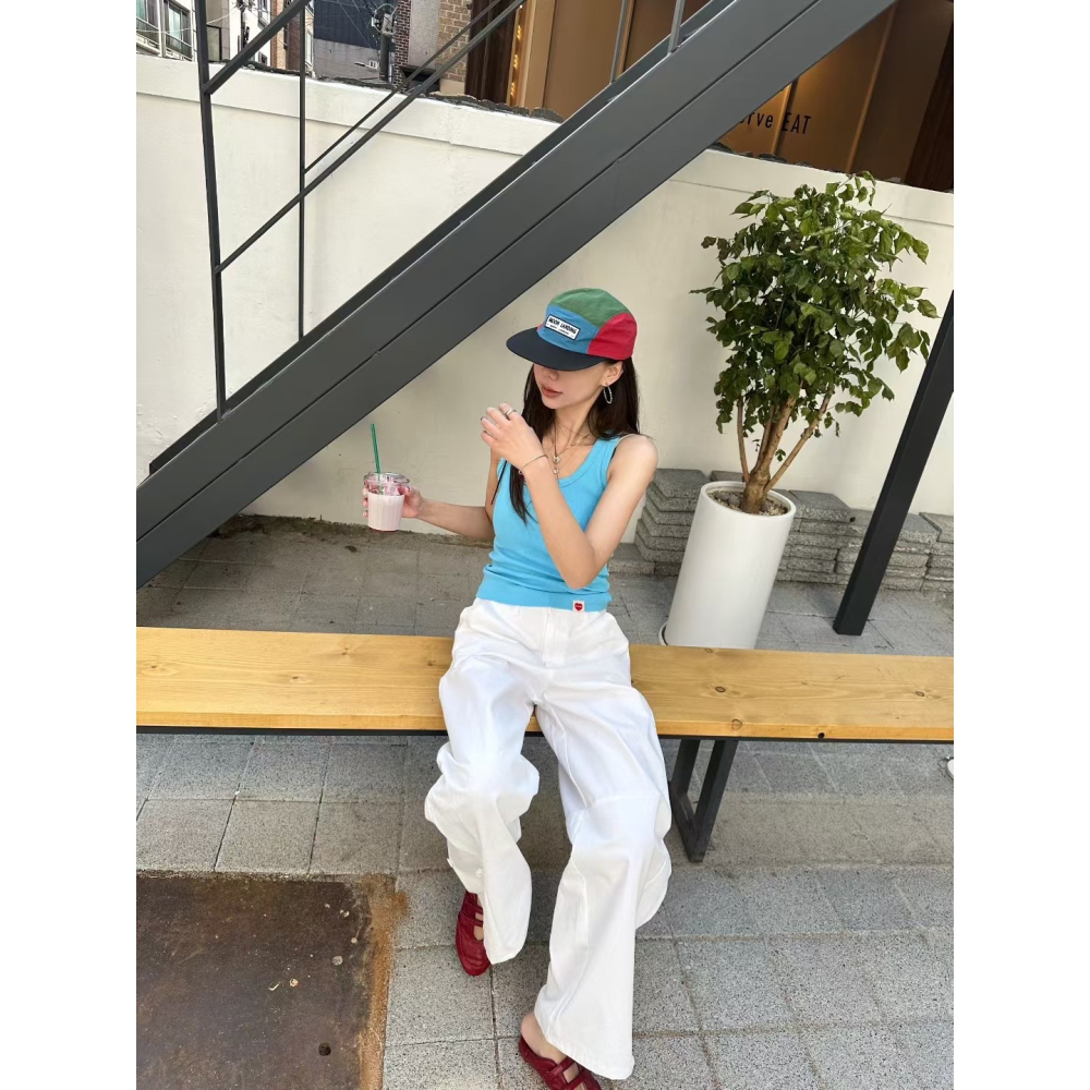 正韓 下擺有扣子可扣做造型長褲 白M/粉S 現貨-細節圖5