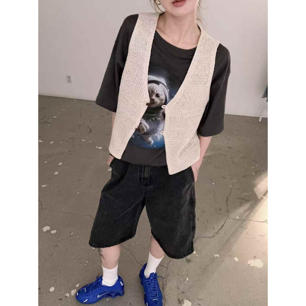 正韓 貓貓太空人T恤 深灰 現貨-細節圖2