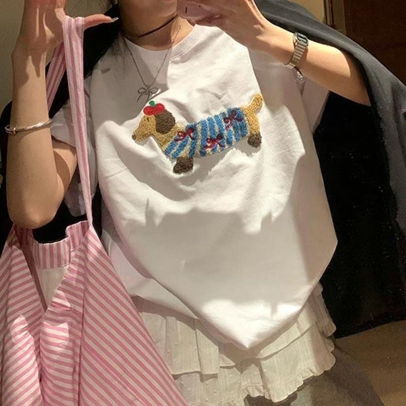 正韓 毛氈可愛戴帽子的臘腸狗T恤 白色 現貨-細節圖3