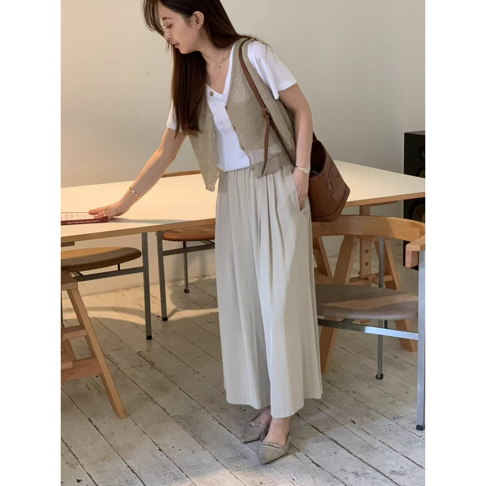 正韓 涼爽輕飄飄褲裙 杏色 現貨-細節圖3