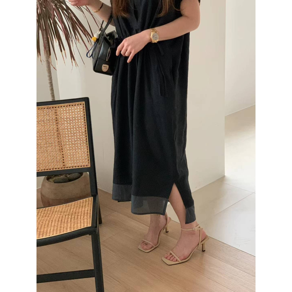 正韓 涼爽拼接材質高級洋裝 深藍 現貨-細節圖2