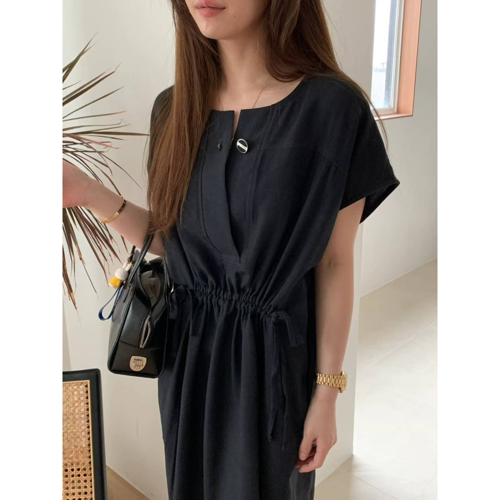 正韓 涼爽拼接材質高級洋裝 深藍 現貨-細節圖3