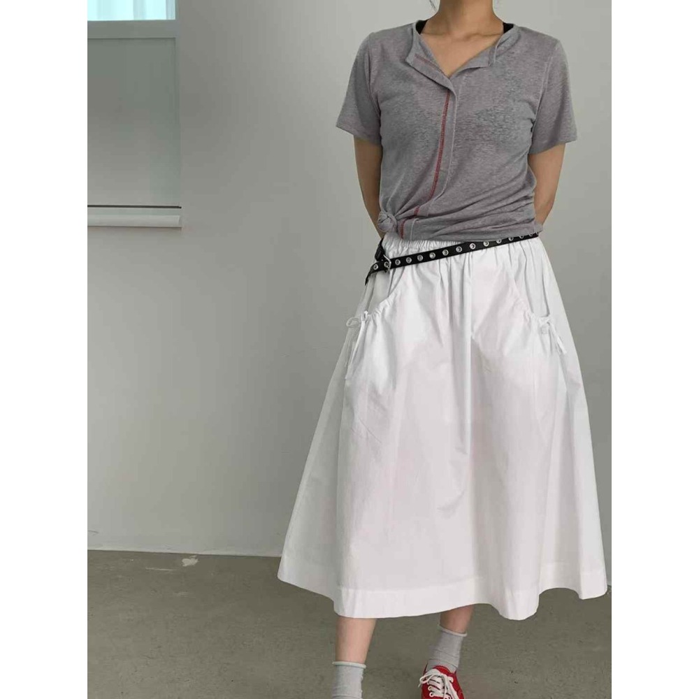 正韓 口袋蝴蝶結中裙 白色 現貨-細節圖3