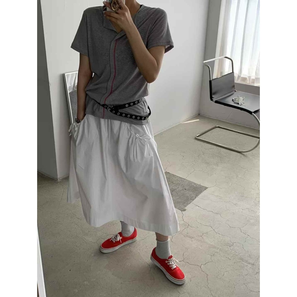 正韓 口袋蝴蝶結中裙 白色 現貨-細節圖4