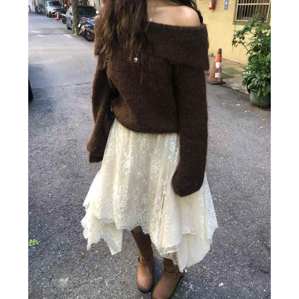 正韓 雙面穿蕾絲造型雙層中長裙 米白/黑 現貨-細節圖5