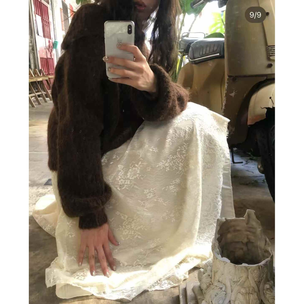 正韓 雙面穿蕾絲造型雙層中長裙 米白/黑 現貨-細節圖7