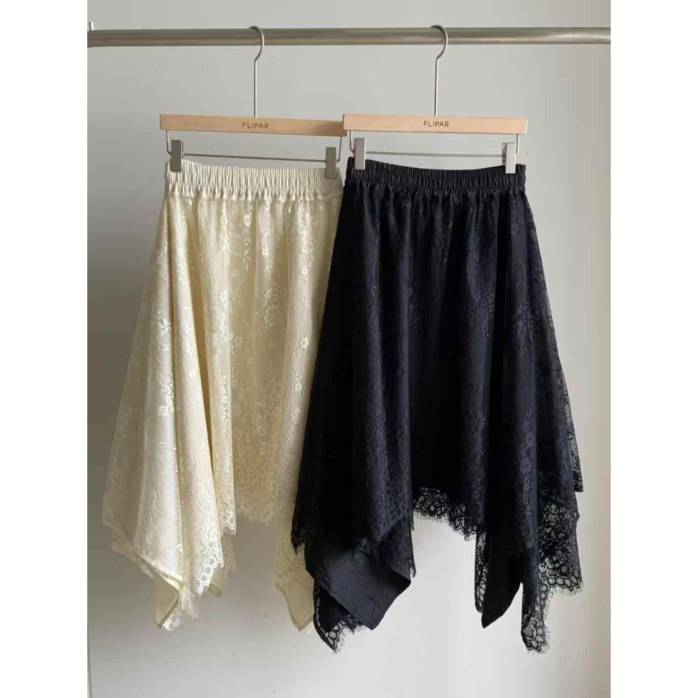 正韓 雙面穿蕾絲造型雙層中長裙 米白/黑 現貨-細節圖8