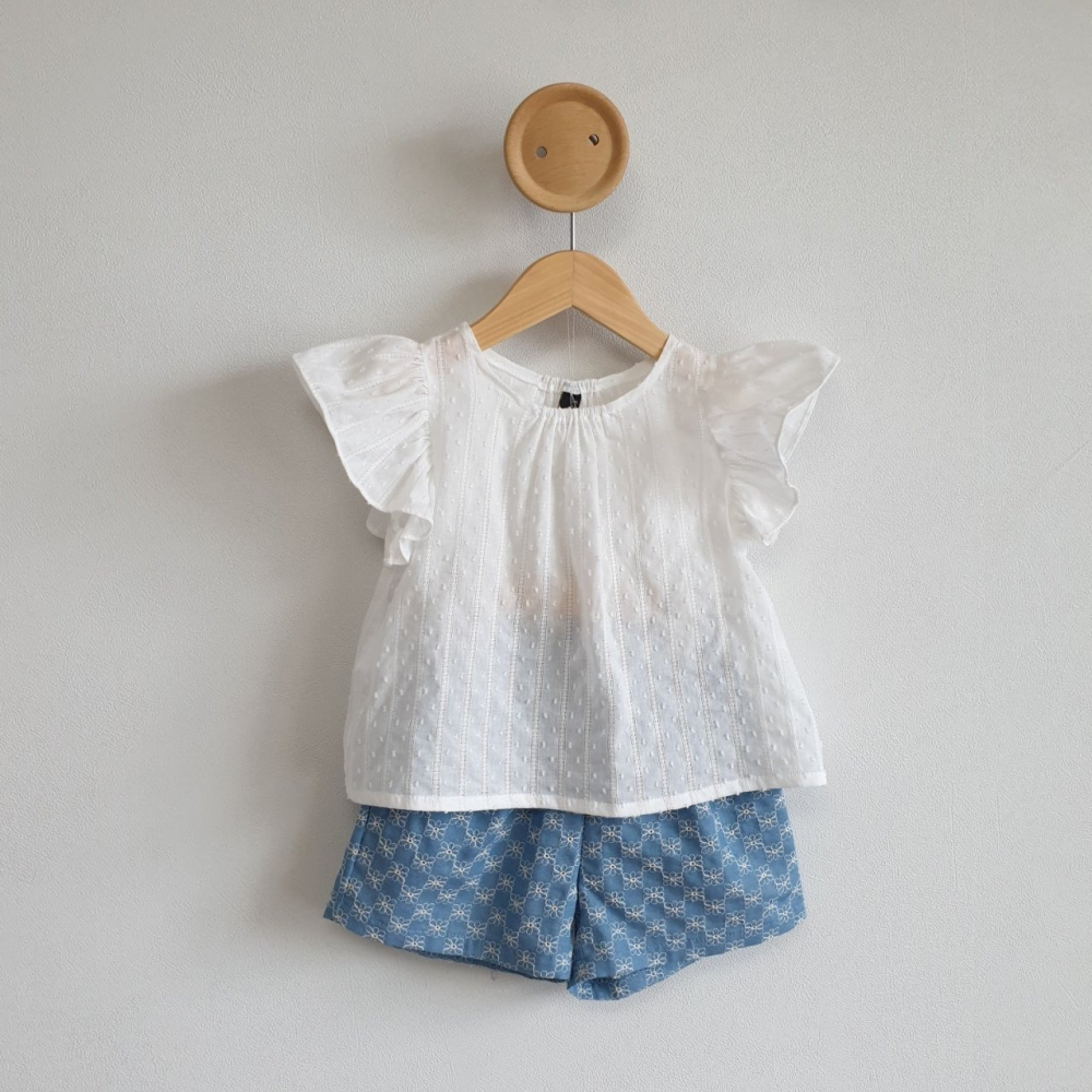 正韓童裝 花花刺繡淺藍牛仔短褲 90 現貨-細節圖3