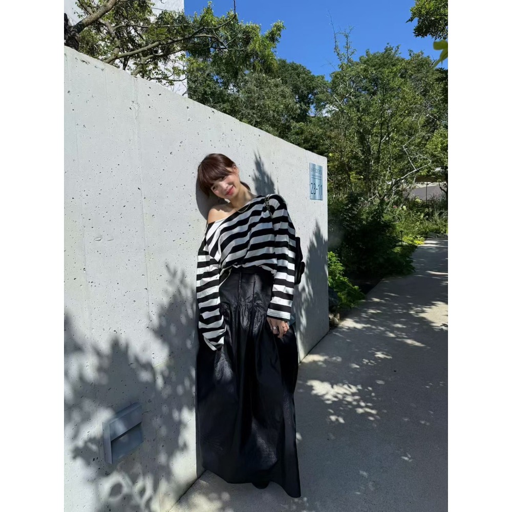 正韓 條紋露肩長袖T恤 現貨-細節圖2