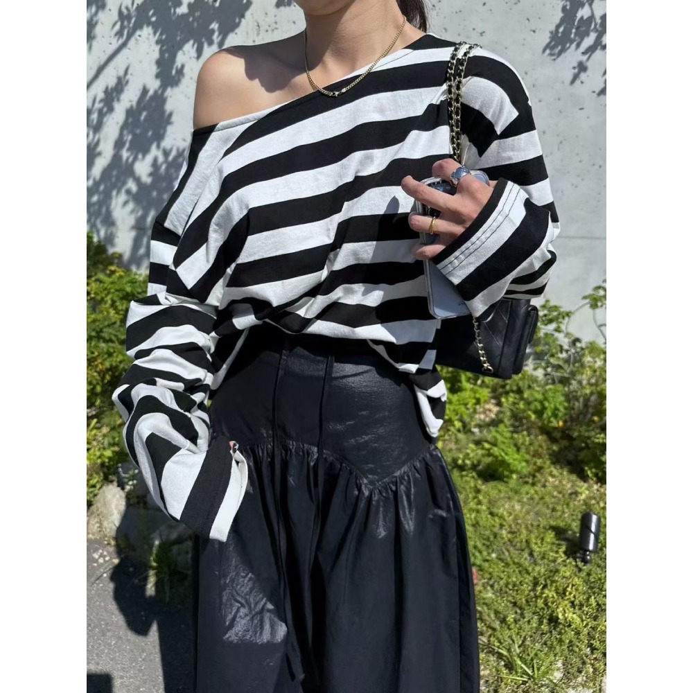 正韓 條紋露肩長袖T恤 現貨-細節圖4