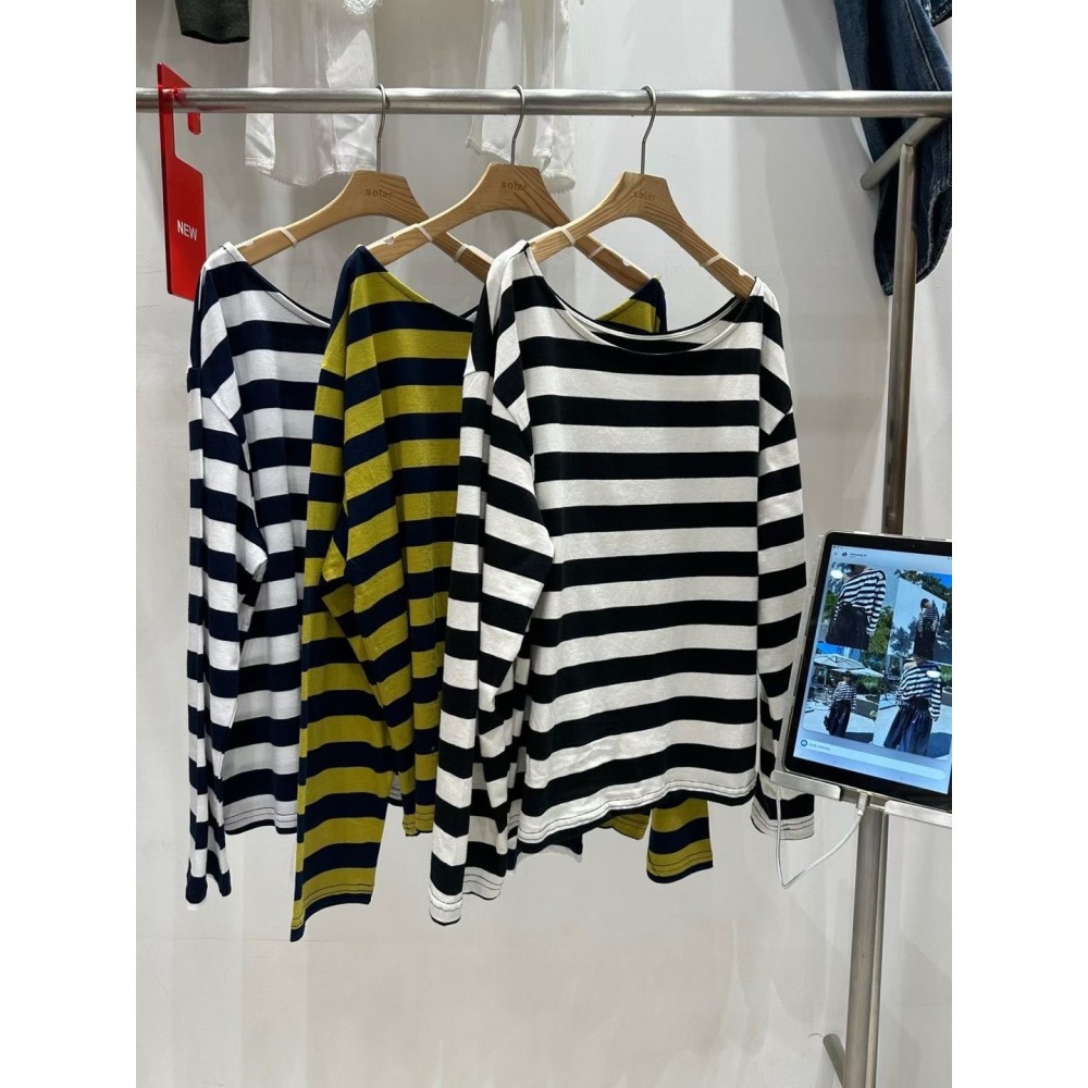 正韓 條紋露肩長袖T恤 現貨-細節圖5