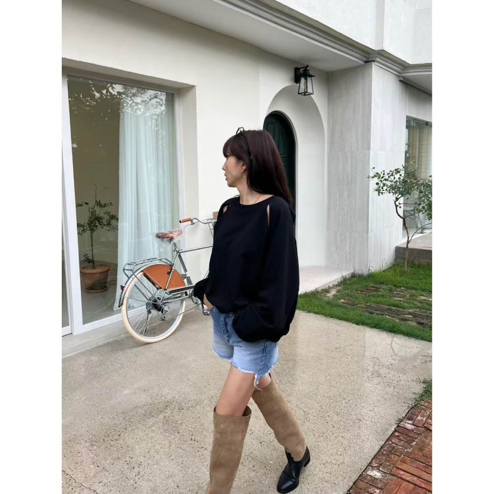 正韓 挖肩造型大學T恤 黑色 現貨-細節圖3