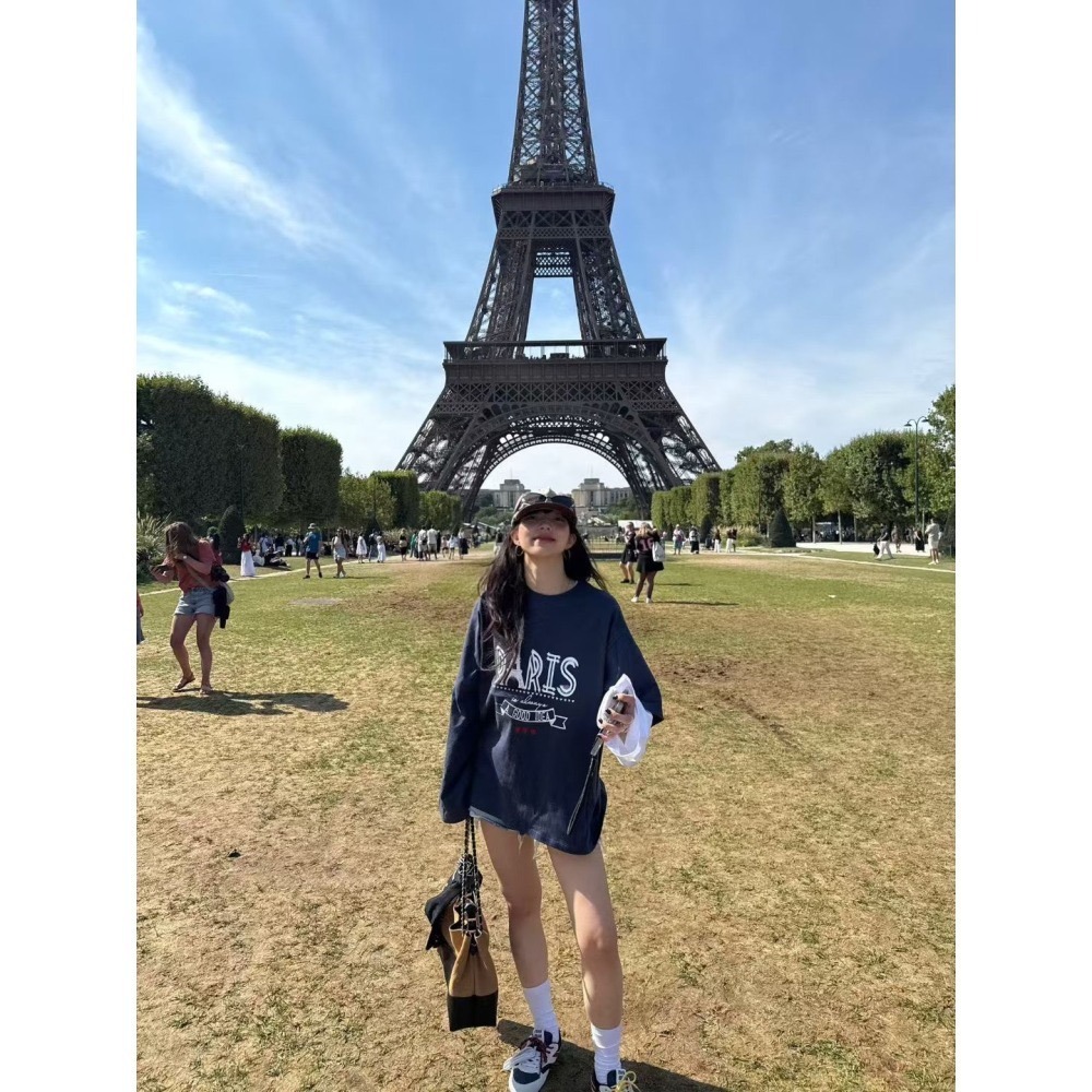 正韓 Paris巴黎袖子撞色T恤 藍色 現貨-細節圖2