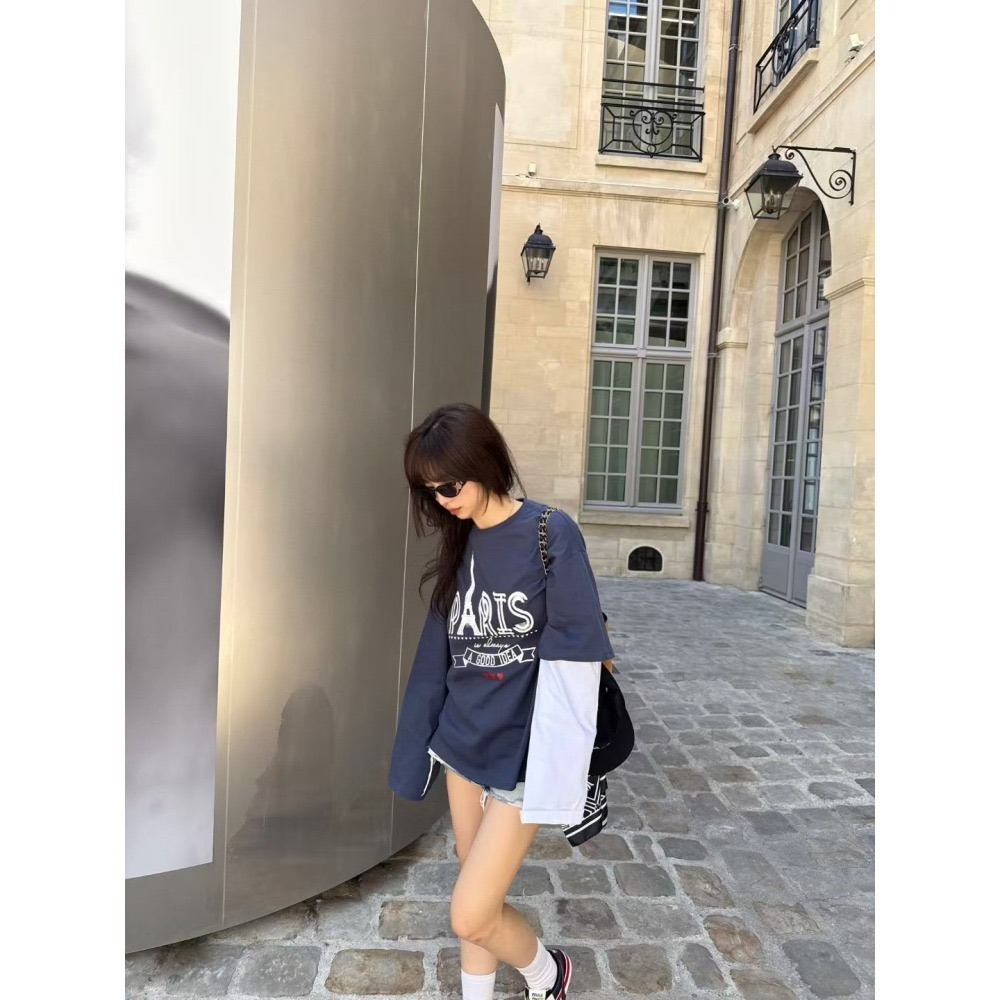 正韓 Paris巴黎袖子撞色T恤 藍色 現貨-細節圖3