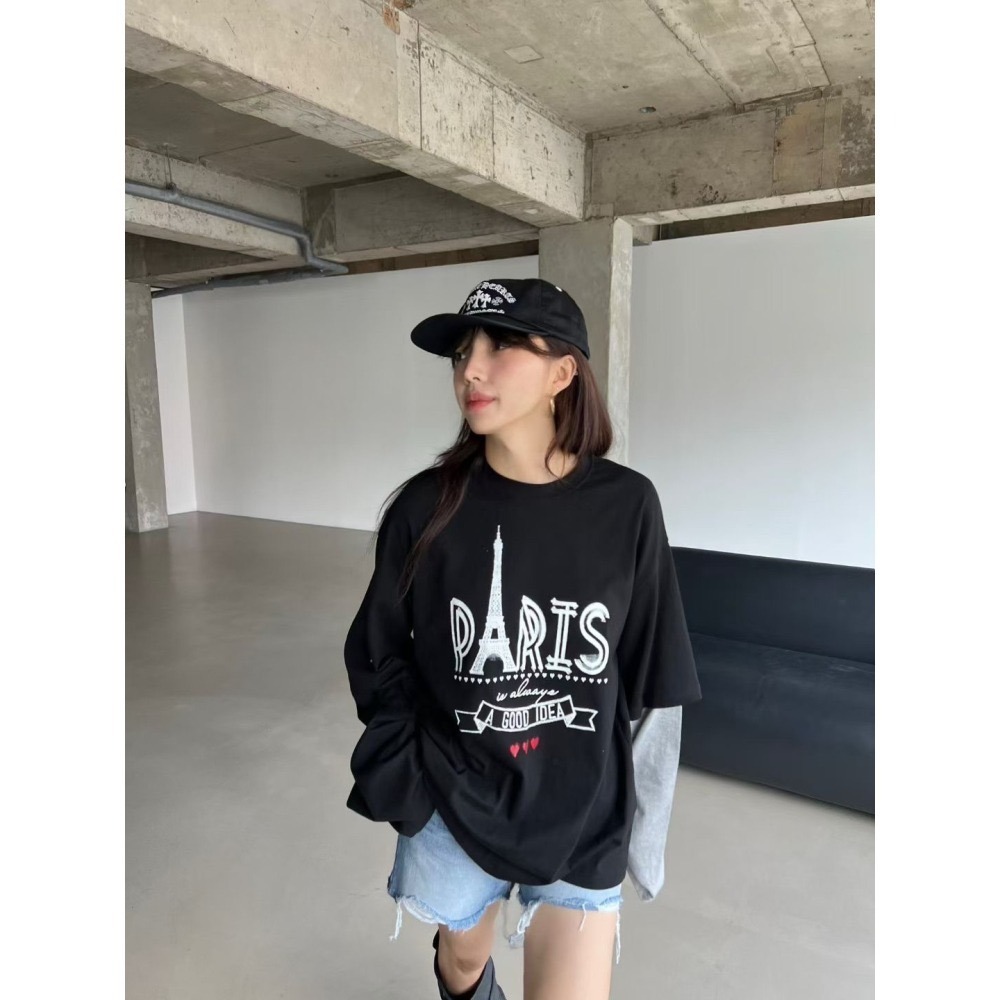 正韓 Paris巴黎袖子撞色T恤 藍色 現貨-細節圖4